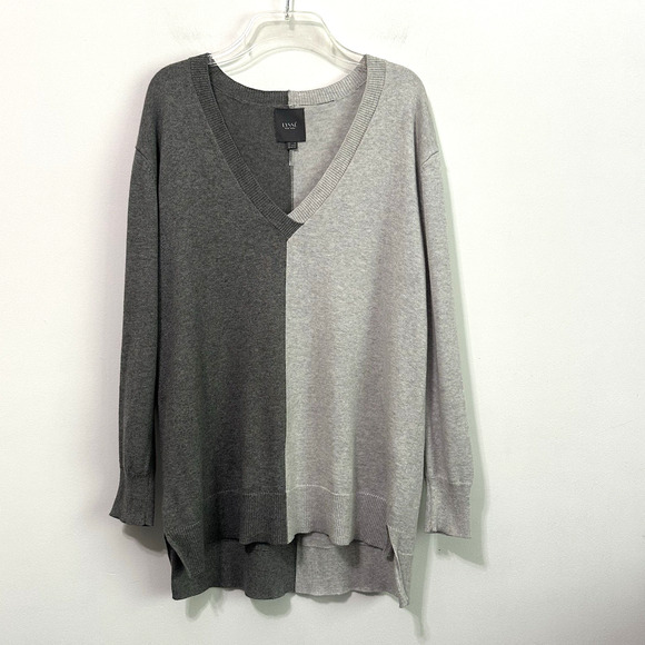 Lysse Sweater M Cashmere Blend V Neck Gray Colorblock Long Sleeve Pullover Cozy - Picture 1 of 9